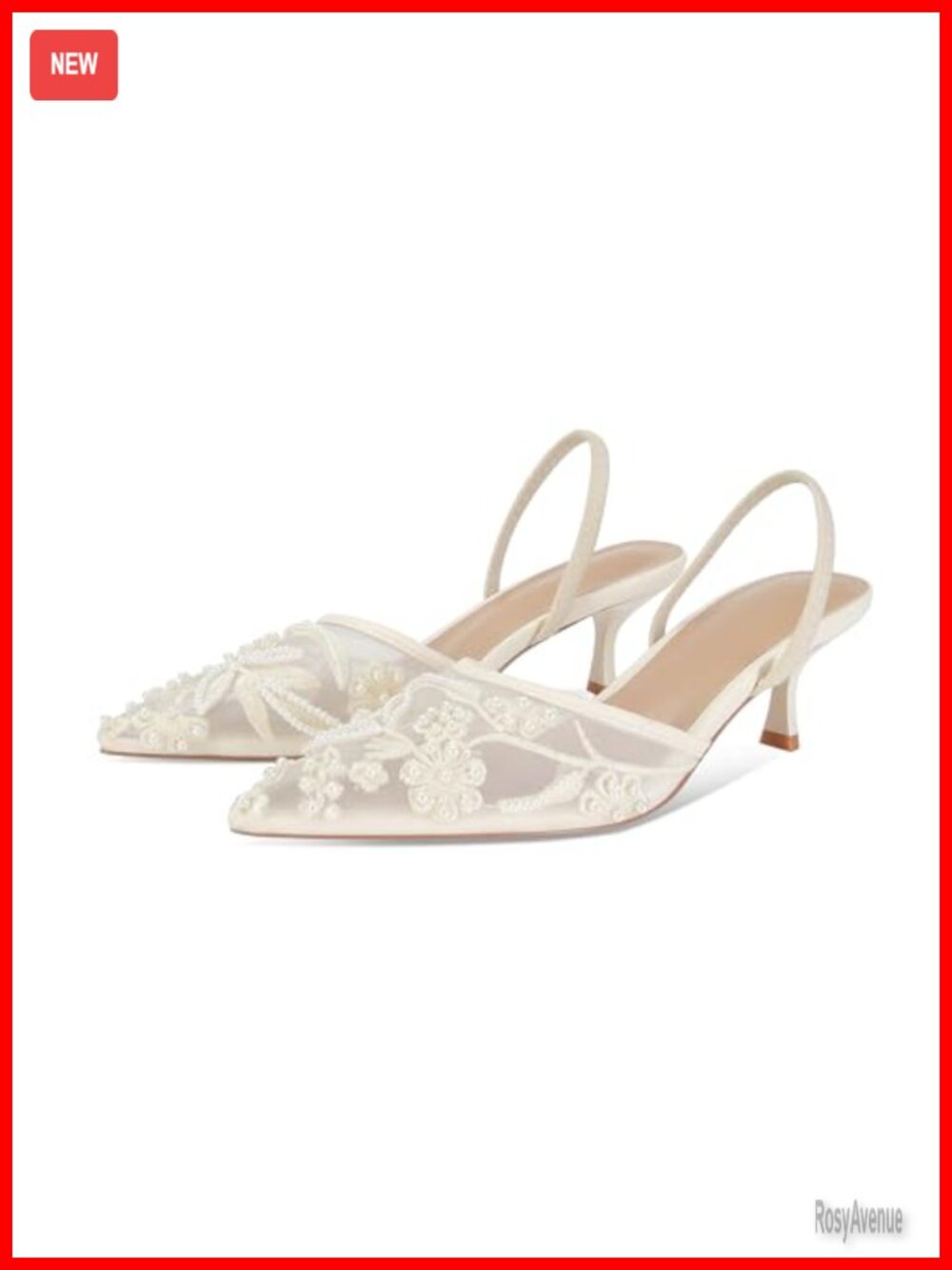 Kitten Heels Pointed Toe Mesh Floral Slingback Wedding Sandals